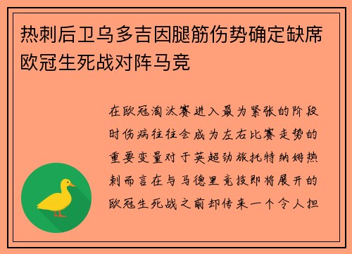 热刺后卫乌多吉因腿筋伤势确定缺席欧冠生死战对阵马竞 热刺后卫乌多吉因腿筋伤势确定缺席欧冠生死战对阵马竞